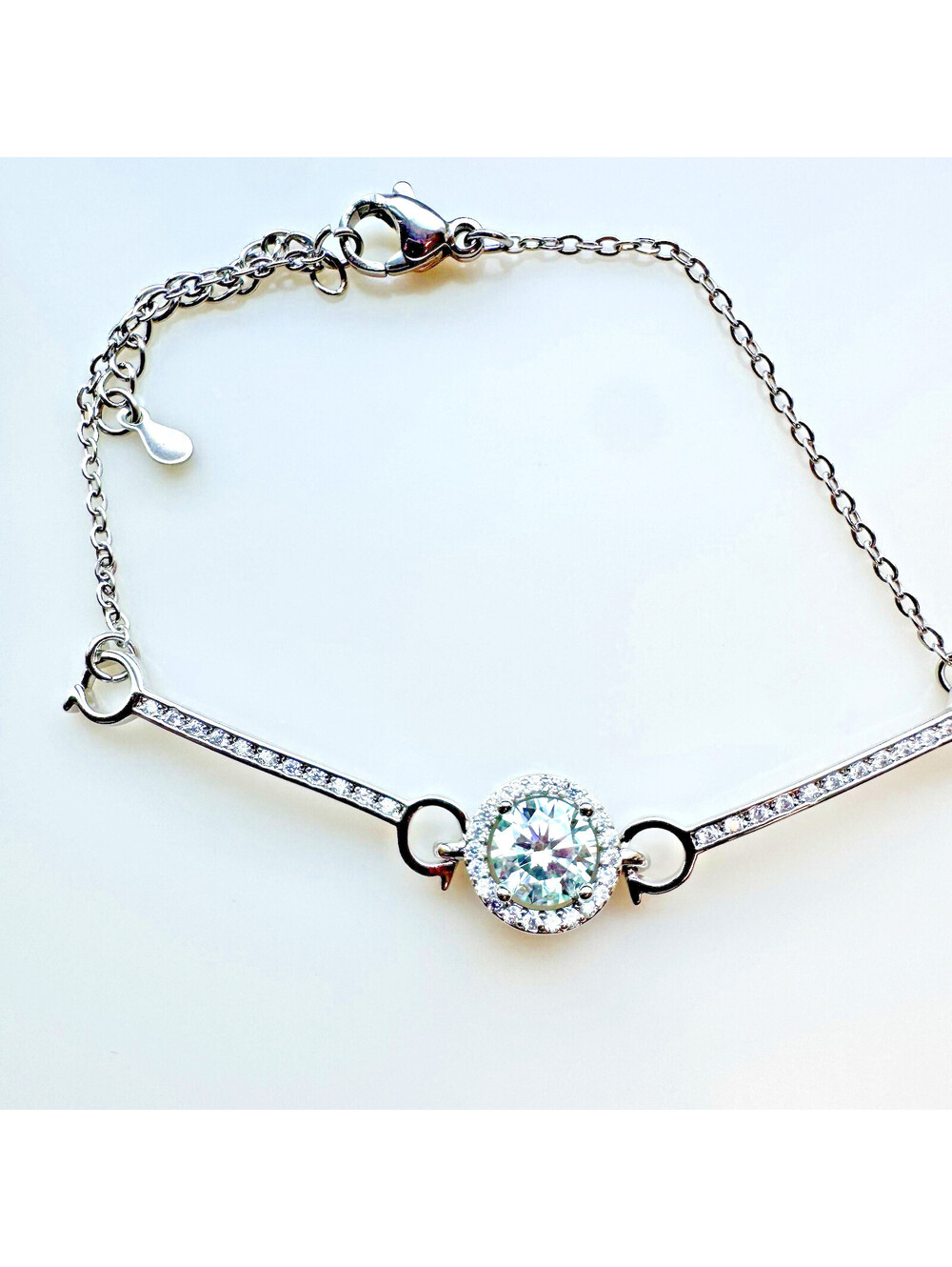 Pale Aqua 1ct Moissanite Halo Bar Link Bracelet, White Gold Plated over Brass